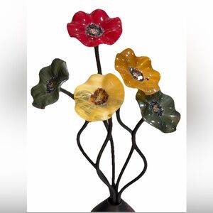 5 Flower Hand Blown Glass Poppy Bouquet With Metal Stems 14.75” EUC